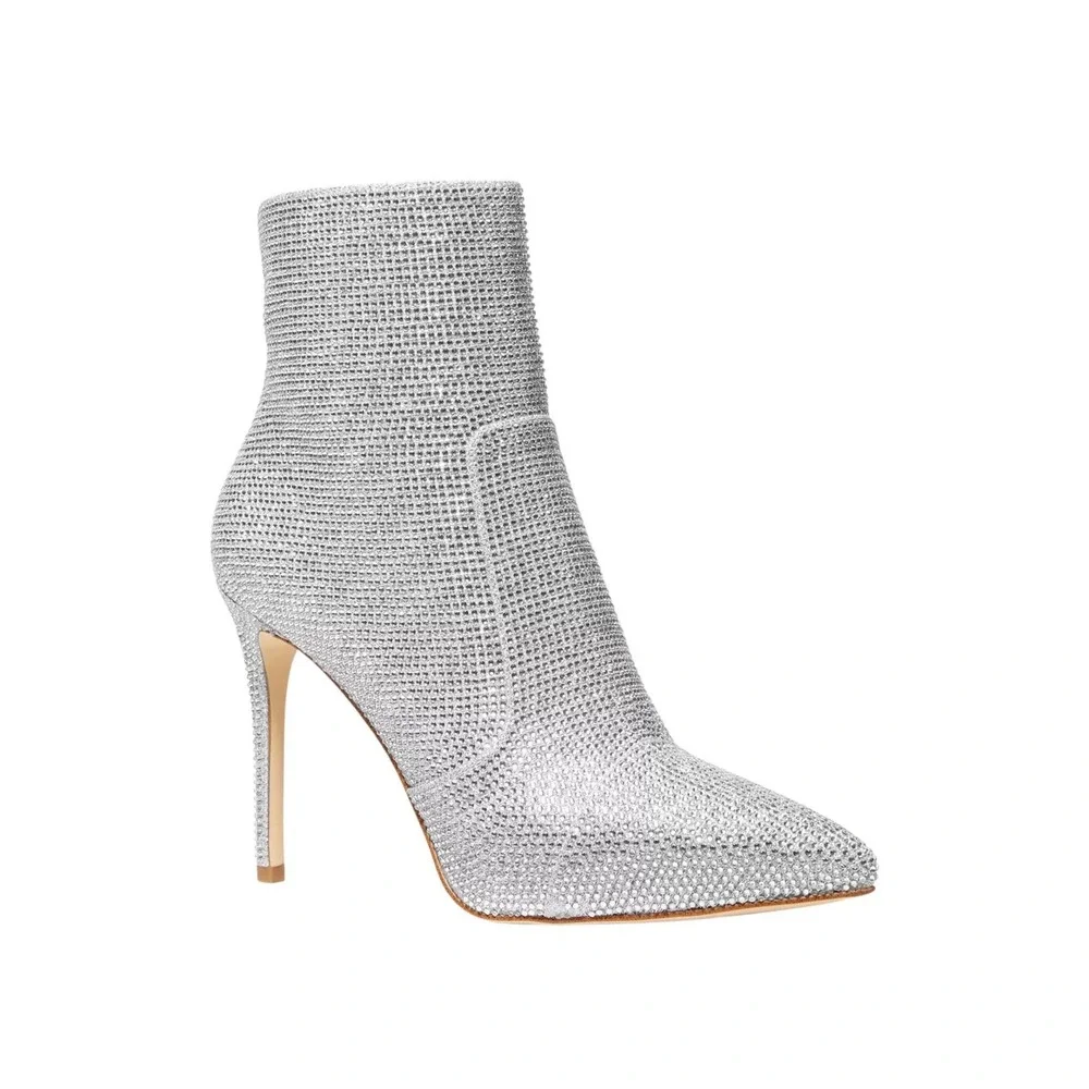 MICHAEL KORS Rue Rhinestone Pointed Toe Stiletto Booties Silver Size 8 Bling Y2K